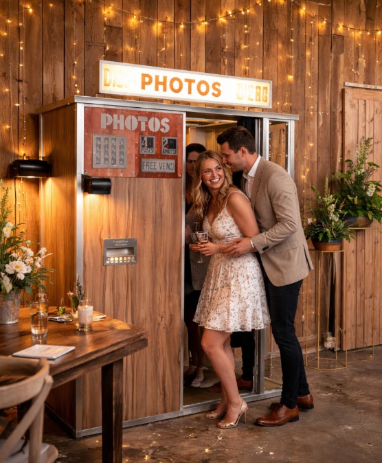 Guests at a wedding using a photobooth in a barn
